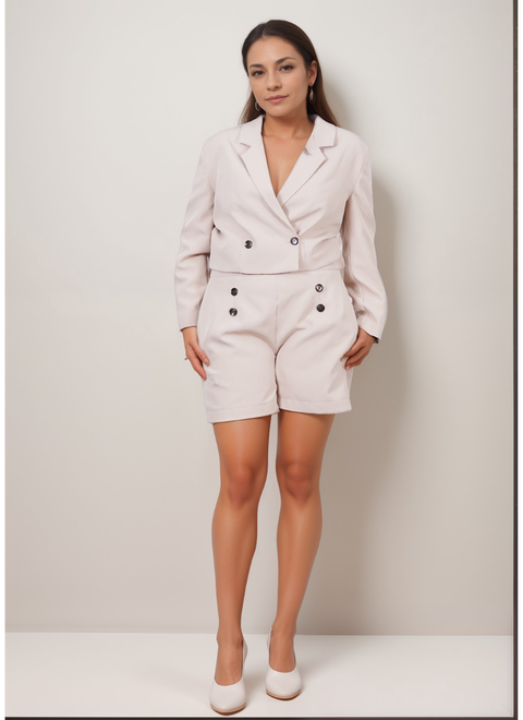 Beige Crop Jacket and Shorts Set