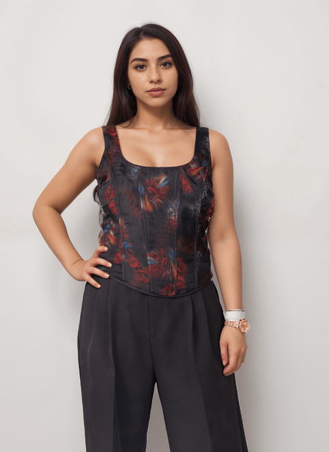 Black Printed Sleeveless Corset Top