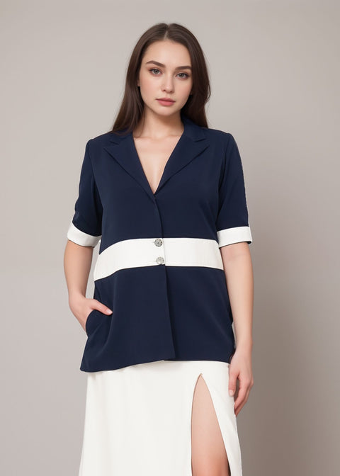 Navy & White Contrast Button-Front Jacket