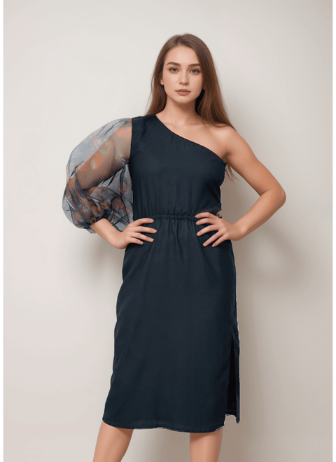 Black Straight Fit One-Shoulder Dress