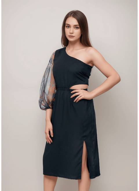 Black Straight Fit One-Shoulder Dress