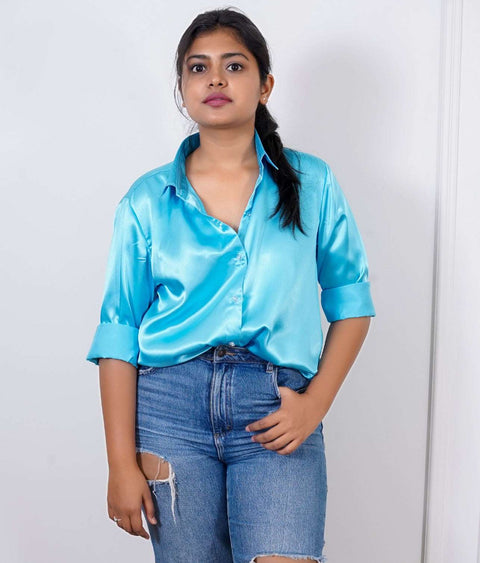 Blue Satin Button Down Shirt